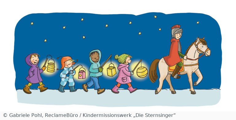Illustration eines Sankt-Martinsumzugs mit Laternen; © Gabriele Pohl, ReclameBüro / Kindermissionswerk „Die Sternsinger“